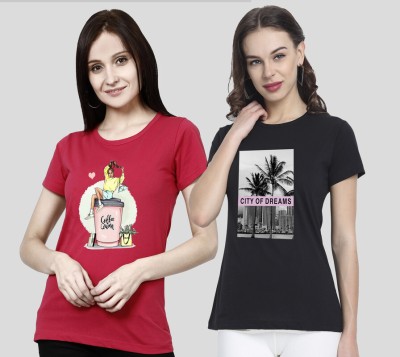 CHOZI Printed Women Round Neck Pink, Black T-Shirt