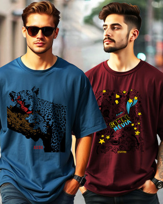 ENITOR Printed Men Round Neck Maroon, Dark Blue T-Shirt