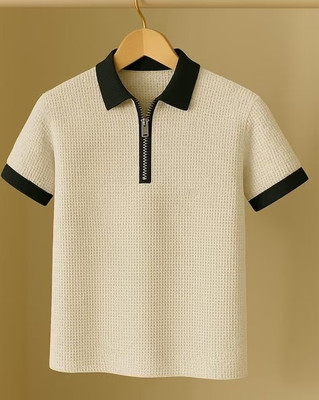 CrisPet Solid, Self Design Men Zip Neck White T-Shirt