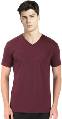 JOCKEY Solid Men V Neck Maroon T-Shirt