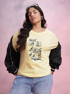 DressBerry Curve Printed Women Round Neck Yellow T-Shirt