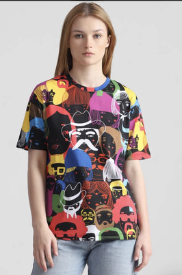 HARPITA Printed Women Round Neck Black T-Shirt