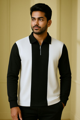 Try This Colorblock Men Zip Neck Black T-Shirt