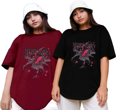 R S Fashion Printed Women Round Neck Maroon, Black T-Shirt
