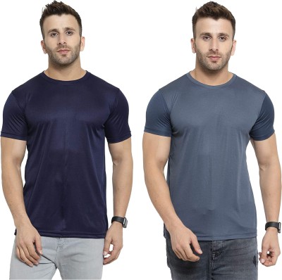 Think Tech Solid Men Round Neck Dark Blue, Grey T-Shirt