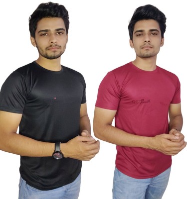 ManGOD Solid, Sporty, Self Design Men Round Neck Black, Maroon T-Shirt