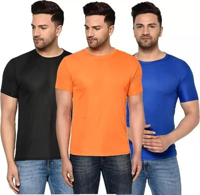 TTFE Solid Men Round Neck Orange, Blue, Black T-Shirt