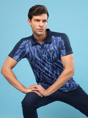 TECHNOSPORT Printed Men Polo Neck Blue T-Shirt