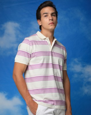 RARE RABBIT Striped Men Polo Neck White, Purple T-Shirt