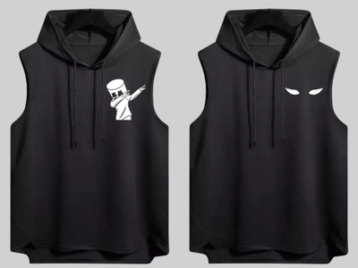 Mundali Animal Print Men Hooded Neck Black T-Shirt