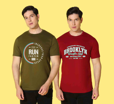 WOOSTRO Typography Men Round Neck Green, Maroon T-Shirt