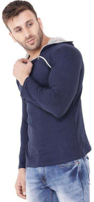 AKASHFASHION Solid Men Hooded Neck Navy Blue T-Shirt