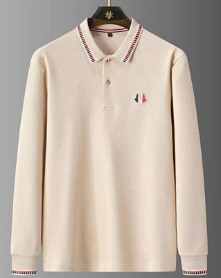 GLANZY Solid, Striped Men Polo Neck Beige T-Shirt