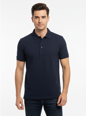 Achievement Wears Solid Men Polo Neck Navy Blue T-Shirt