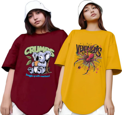R S Fashion Printed Women Round Neck Maroon, Yellow T-Shirt