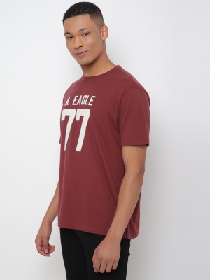 American Eagle Printed, Typography Men Round Neck Maroon T-Shirt