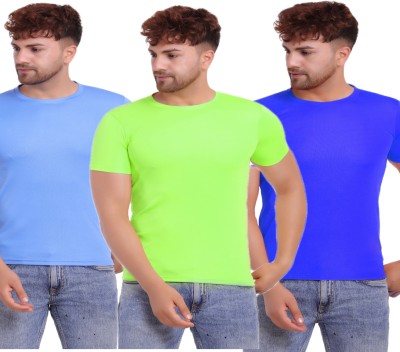 KASPY Solid Men Round Neck Light Blue, Blue, Light Green T-Shirt