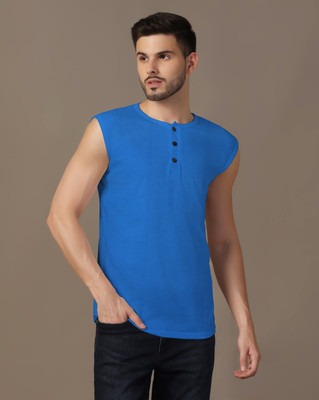 GEUM Solid Men Henley Neck Blue T-Shirt