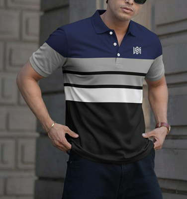Lolarka Colorblock Men Polo Neck Navy Blue T-Shirt