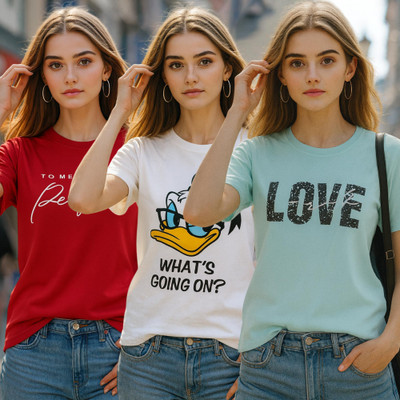 Fabflee Printed Women Round Neck Multicolor T-Shirt