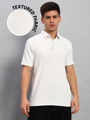 Dattebayo Self Design Men Polo Neck White T-Shirt