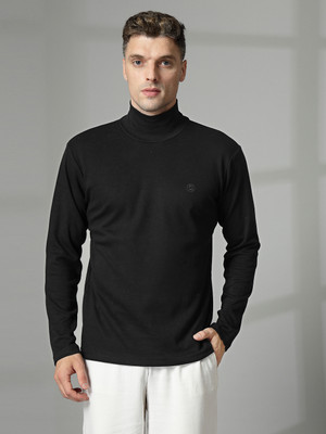 CHKOKKO Solid Men High Neck Black T-Shirt