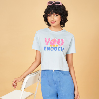 PEOPLE Printed Women Round Neck Blue T-Shirt