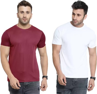 Think Tech Solid Men Round Neck Maroon, White T-Shirt