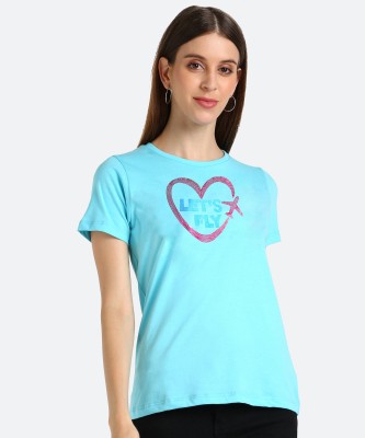 Glitzees by Glitzkart Printed Women Round Neck Light Blue T-Shirt