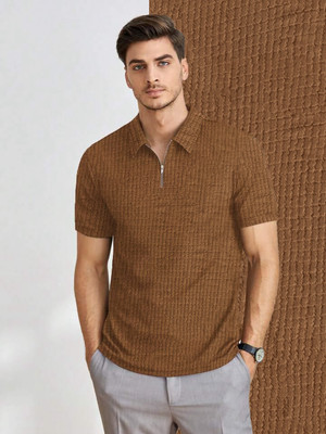 THE DRY STATE Self Design Men Zip Neck Brown T-Shirt