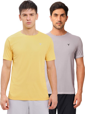 TECHNOSPORT Solid Men Round Neck Yellow, Purple T-Shirt