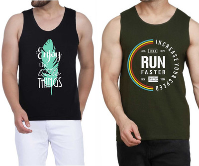 WOOSTRO Printed Men Scoop Neck Black, Dark Green T-Shirt