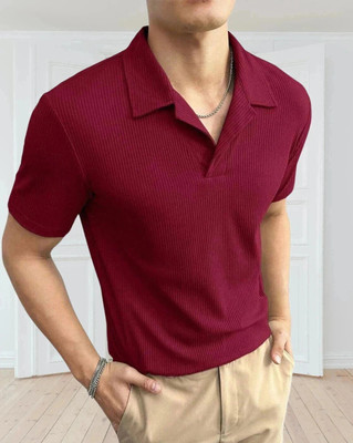TAZO Self Design Men Polo Neck Maroon T-Shirt