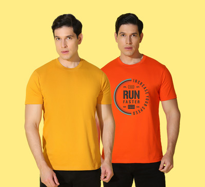 WOOSTRO Printed Men Round Neck Yellow, Orange T-Shirt