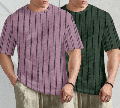 METRONAUT Striped, Self Design Men Round Neck Pink, Grey T-Shirt