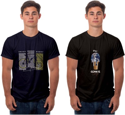 Boodbuck Printed Men Round Neck Navy Blue, Black T-Shirt