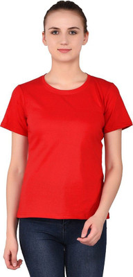 GEUM Solid Women Round Neck Red T-Shirt