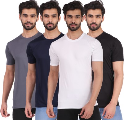 London Hills Solid Men Round Neck Grey, Dark Blue, White, Black T-Shirt