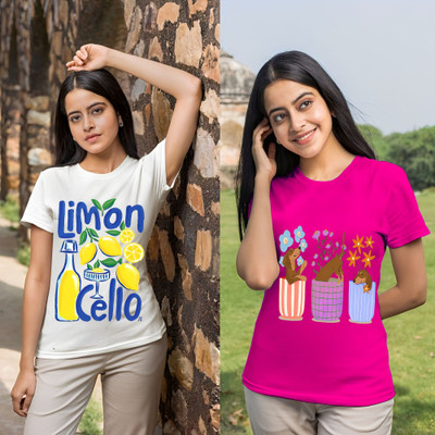 Lecowar Graphic Print Women Round Neck White, Pink T-Shirt