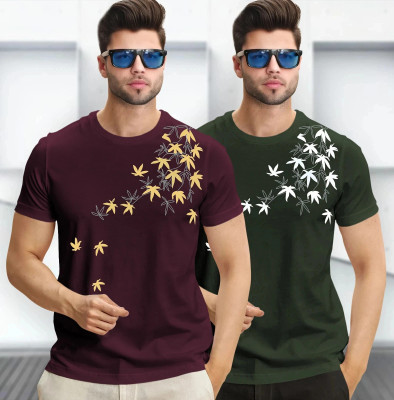 TRIPR Printed Men Round Neck Maroon, Dark Green T-Shirt