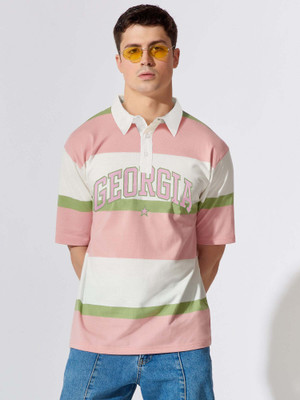 MANIAC Striped Men Polo Neck Pink, White T-Shirt