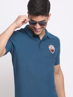 Affordable AF Solid Men Polo Neck Dark Blue T-Shirt