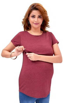 MAMA AND BEBE Solid Women Round Neck Maroon T-Shirt