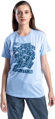 One For Blue Printed Women Round Neck Light Blue T-Shirt