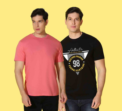 WOOSTRO Printed, Solid Men Round Neck Black, Pink T-Shirt