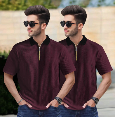 TRIPR Self Design Men Polo Neck Maroon T-Shirt