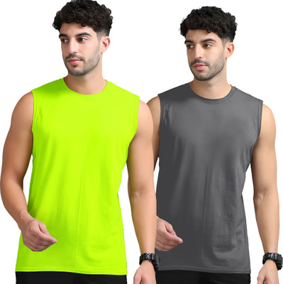 Adorbs Solid Men Round Neck Green, Grey T-Shirt
