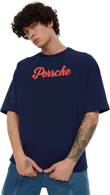 KART BLACK Self Design Men Round Neck Navy Blue T-Shirt