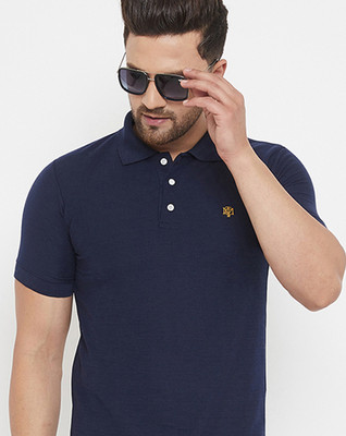 The Million Club Solid Men Polo Neck Navy Blue T-Shirt