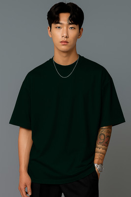 JUGULAR Solid Men Round Neck Dark Green T-Shirt